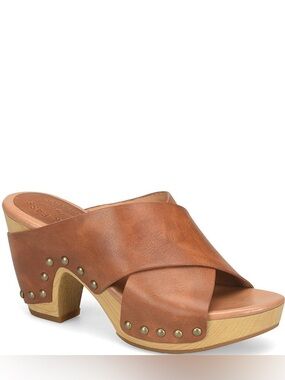Kork-Ease Gracie Brown Leather Studded Cross Band High Heel Platform Sandals